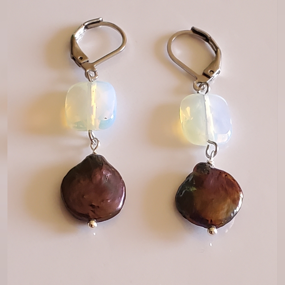 NEW Handmade Opalite & Keshi Coin Pearl Dangle Earrings